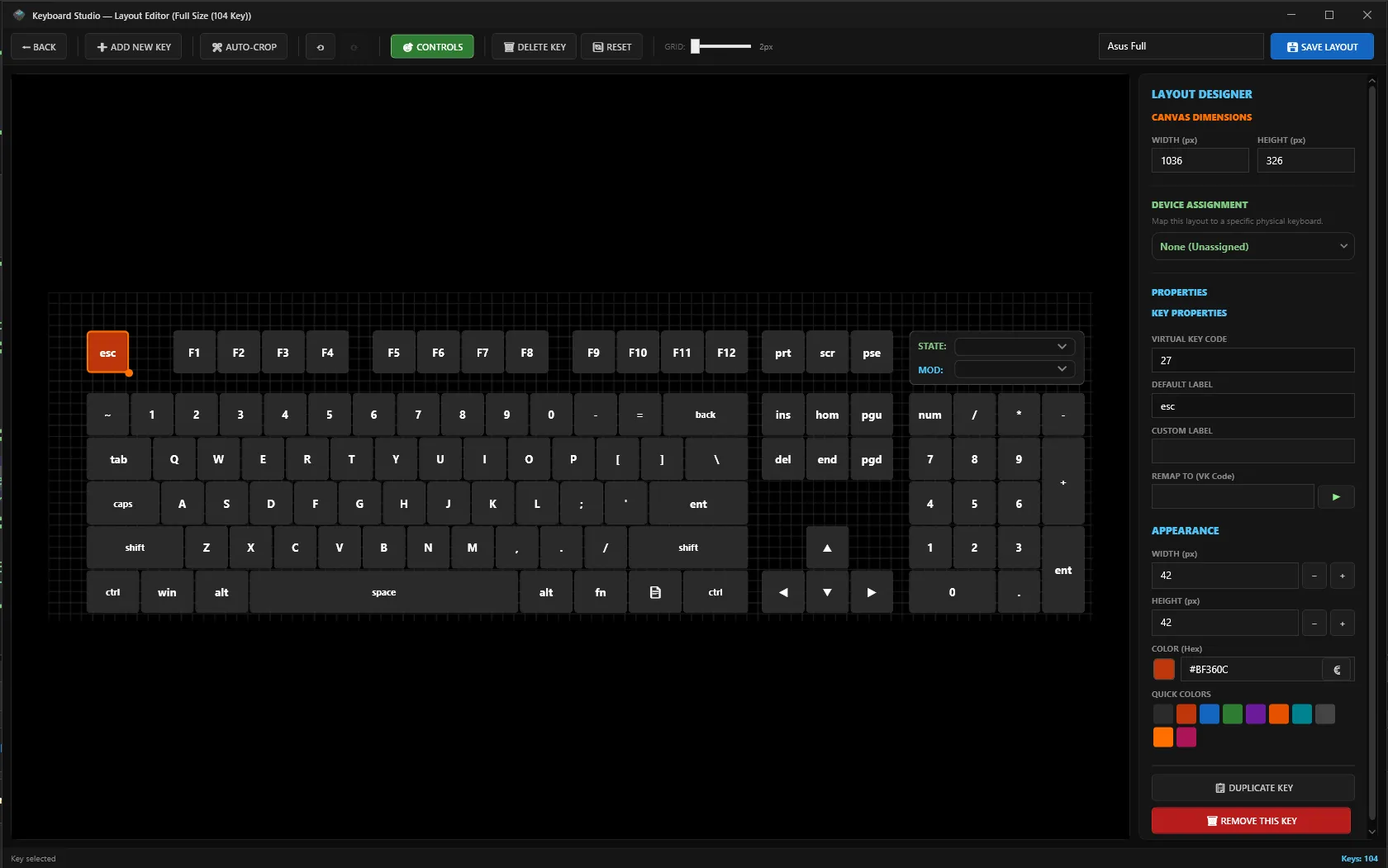 Keyboard Studio Key Property Inspector & Custom Key Position Editor